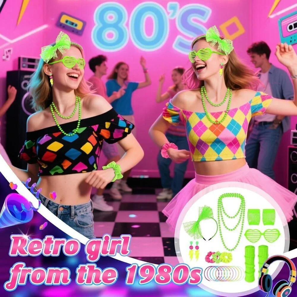 80s Costume Accessories Set Neon Headband Fishnet Gloves Leg Warmers